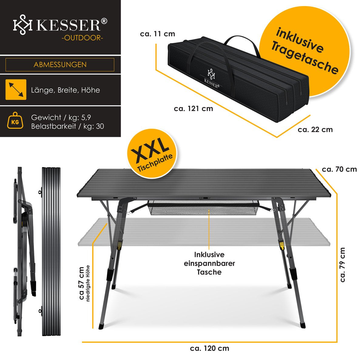 KESSER® Campingtafel Opvouwbaar - Verstelbaar - 120x70 cm - Antraciet
