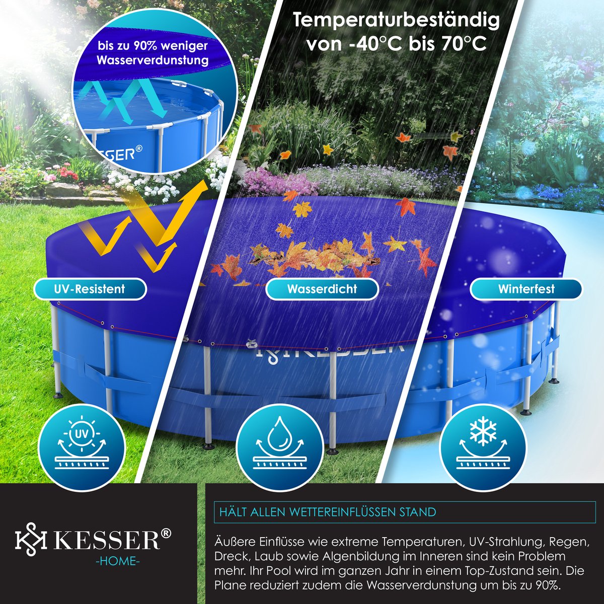 KESSER® Zwembadafdekking - Solar folie - Afdekzeil - Zwembadzeil gemaakt van 200g/m² PE-materiaal Incl. staalkabel + kabelspanner met oogjes Zonneafdekking UV-bestendig zomer & winter - Rond, 366 cm, Blauw / Zwart
