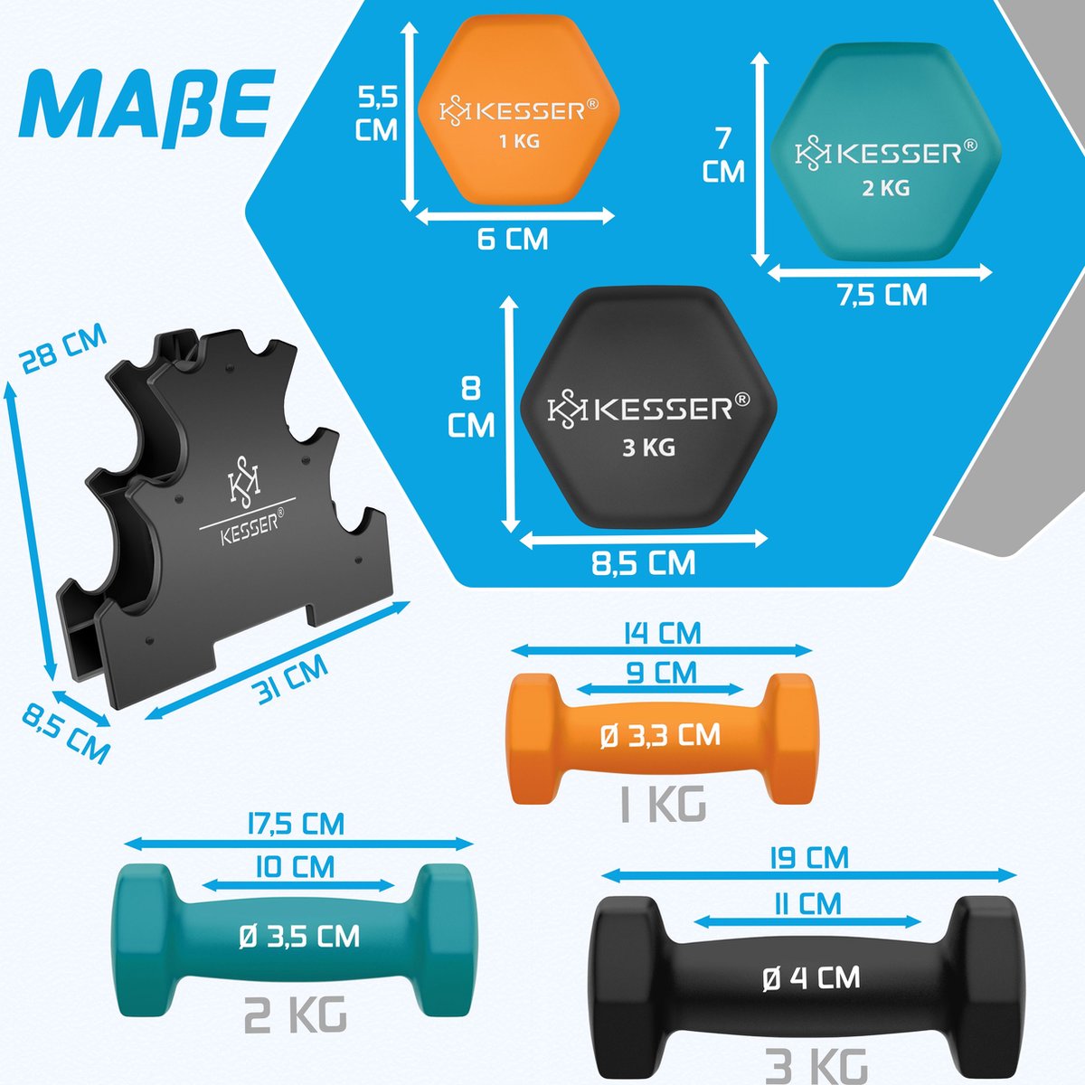 KESSER® Dumbells Set - 3 Paren (2x1, 2 & 3kg) - 12 kg totaal