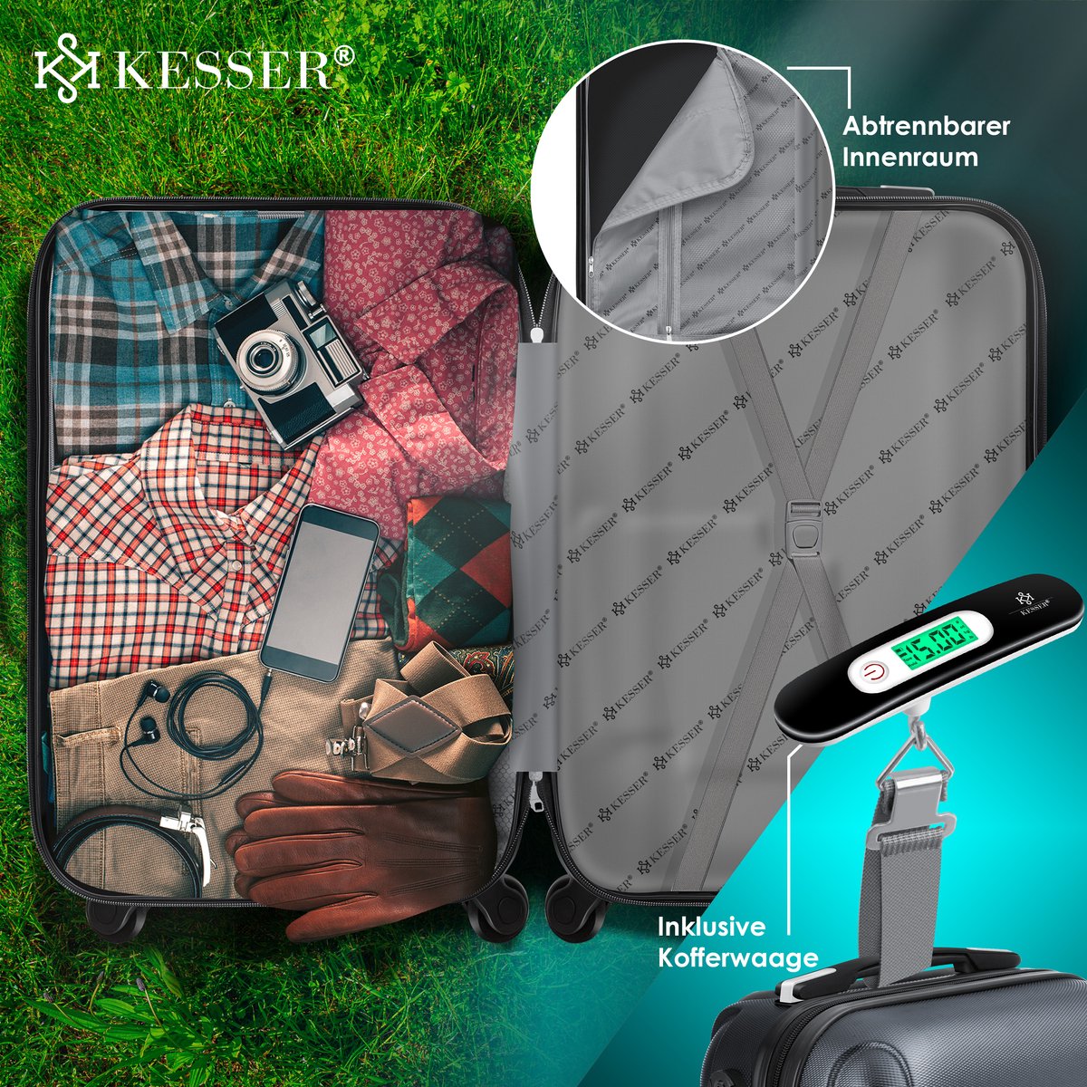 KESSER® Reiskofferset - 3-delig - ABS- Kofferset - Antraciet