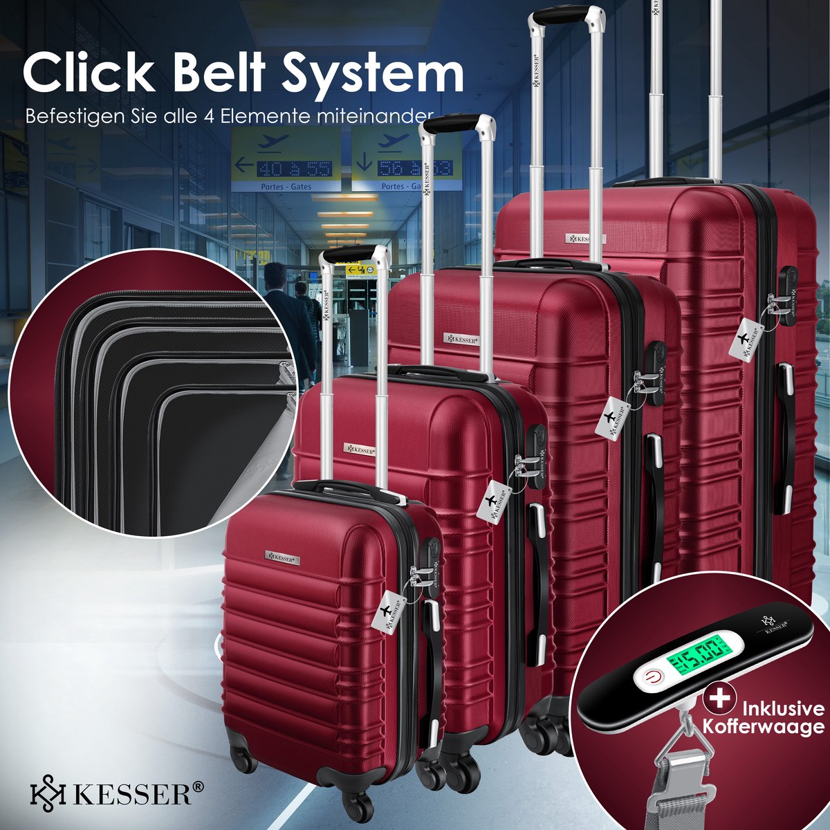 KESSER® 4x Koffer, reiskofferset, trolley koffer, incl. bagageweegschaal + bagagelabel rollend kofferslot, 4 wielen ABS, harde schaal telescoopgreep S-M-L-XL - Bordeaux