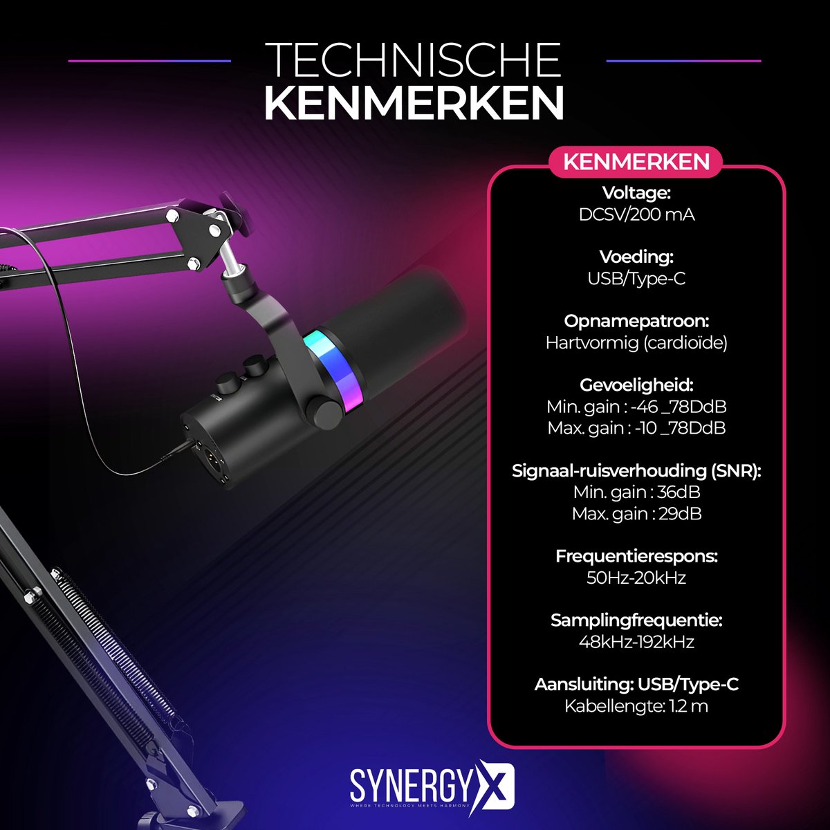 SynergyX SonicFlex Pro ll Microfoon - USB Gaming Microfoon Met Arm XC7 - PC-Gaming - Geschikt voor PC/PS4/PS5 - RGB - Podcast - Gaming - Streaming - Zwart