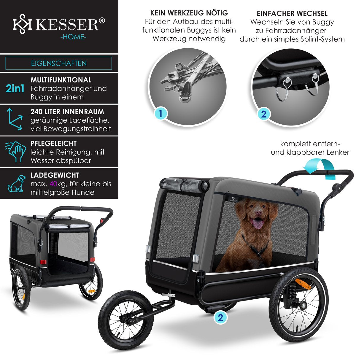 KESSER® Hondenfietskar tot 40 kg 3in1 Hondenbuggy - Fietskar Hond Jogger - Grijs