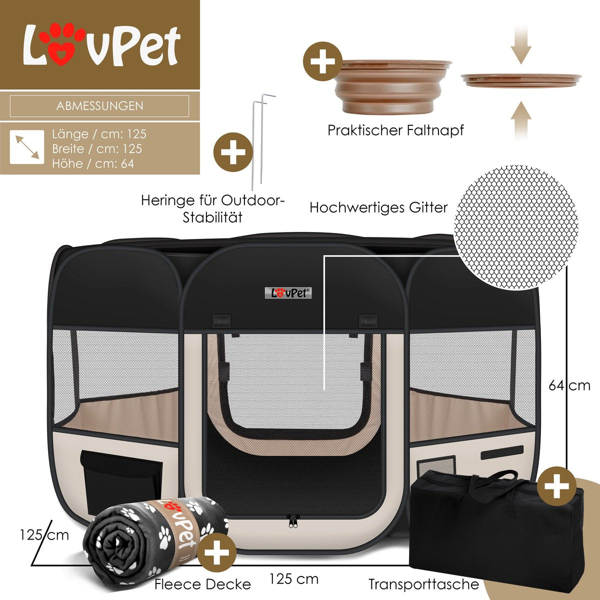 LOVPET® Puppyren voor Kleine Dieren Honden Katten - Opvouwbaar Hondenren inclusief kom en Haringen - Puppy Ren Pop-up Systeem Indoor & Outdoor Konijnenren - Beige
