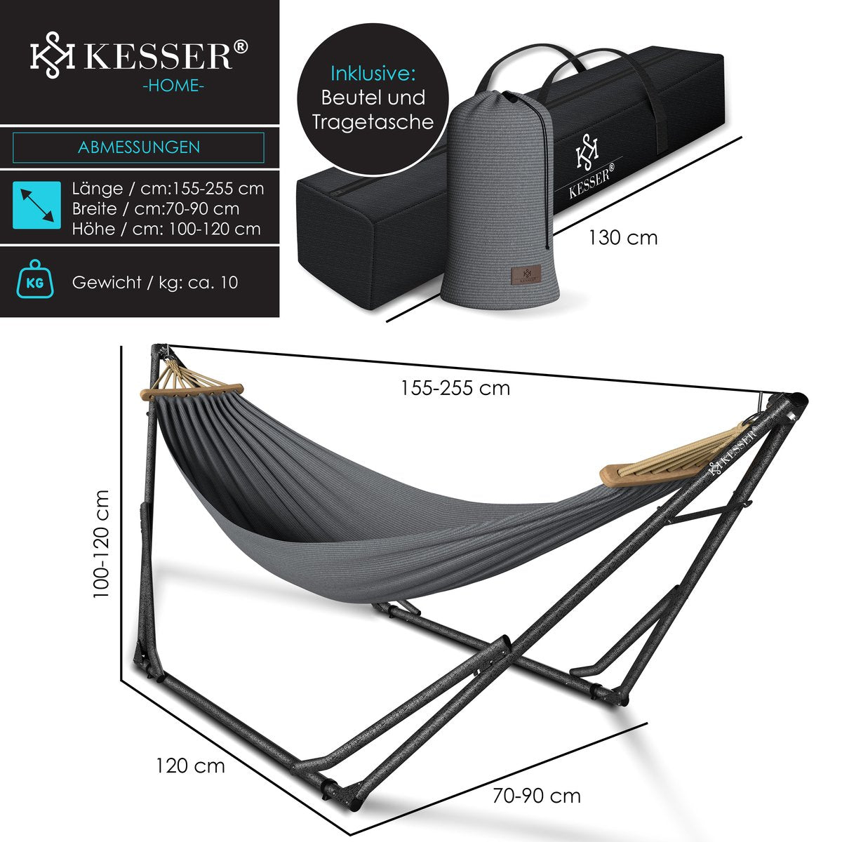 KESSER® XXL Hangmat 2 personen - Tot 200kg - Metalen Frame - Grijs