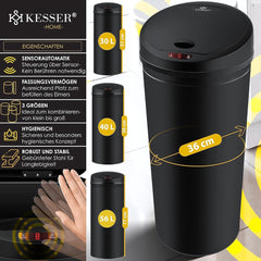Prullenbak met sensor - Afvalbak - Vuilnisbak - 40 Liter - Zwart - KESSER®