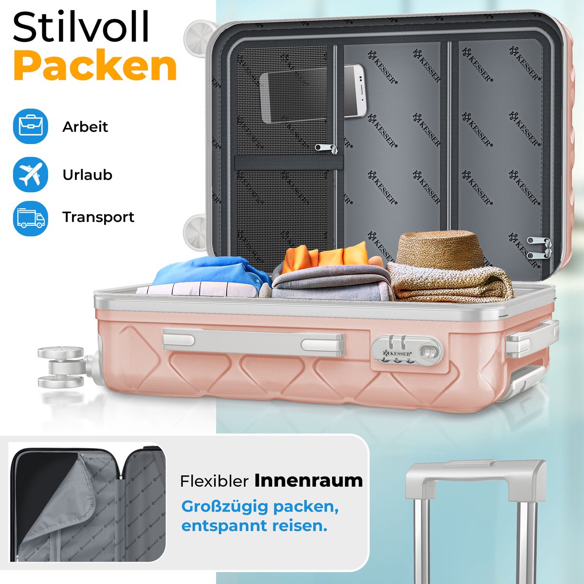 KESSER® Kofferset 3-delig | Reiskoffer met Wielen inclusief Paspoorthouder & kofferweegschaal & bagagelabel | Trolley Reiskofferset met groote Koffers & Handbagage / Ruimbagage - Nude Grey