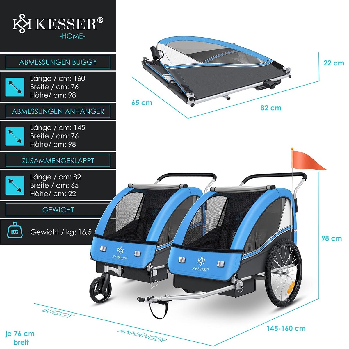 KESSER® Fietsaanhanger - Kinderaanhanger - Max. 40kg - Blauw