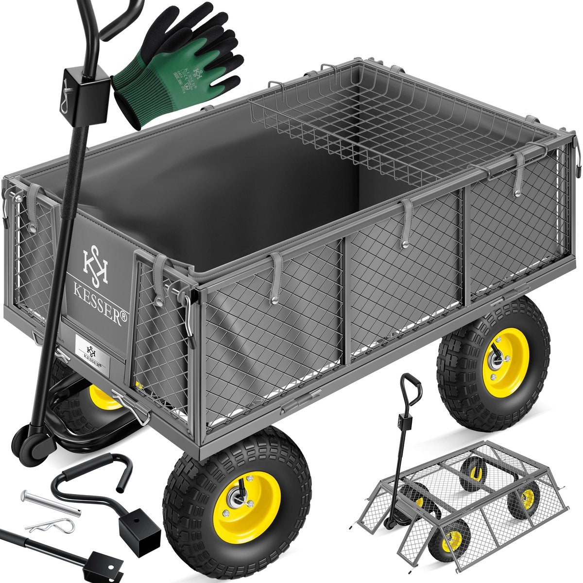 KESSER® Bolderkar - Bolderwagen tuinkar transportkar 700kg beladen tuinkar, incl. afneembaar zeil, luchtbanden gereedschapskar veelzijdig te gebruiken incl. handschoenen + dienblad