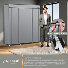 KESSER® Kledingkast in Stof en Metaal 150x45x175cm - opvouwbaare Garderobekast Stabiel met Kledingstang & Planken, Inclusief 5x Kledinghangers Kleerkast - Legplank Kast voor Slaapkamer met Kledingrek - Grijs