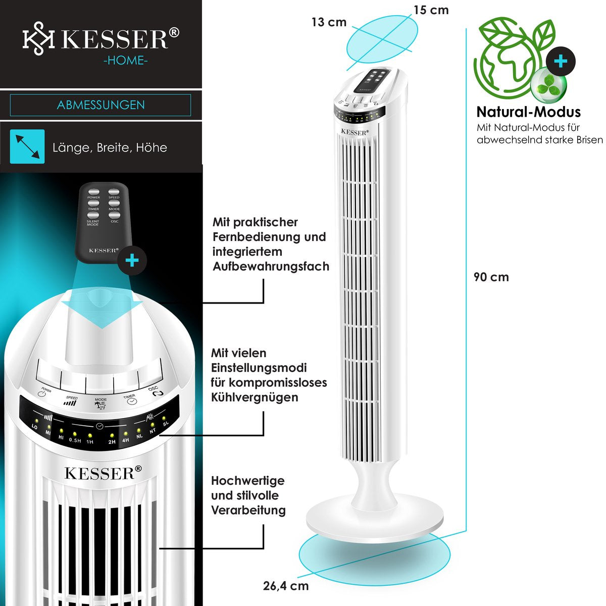 KESSER® Torenventilator - Fluisterstil - Oscillatie - Wit •