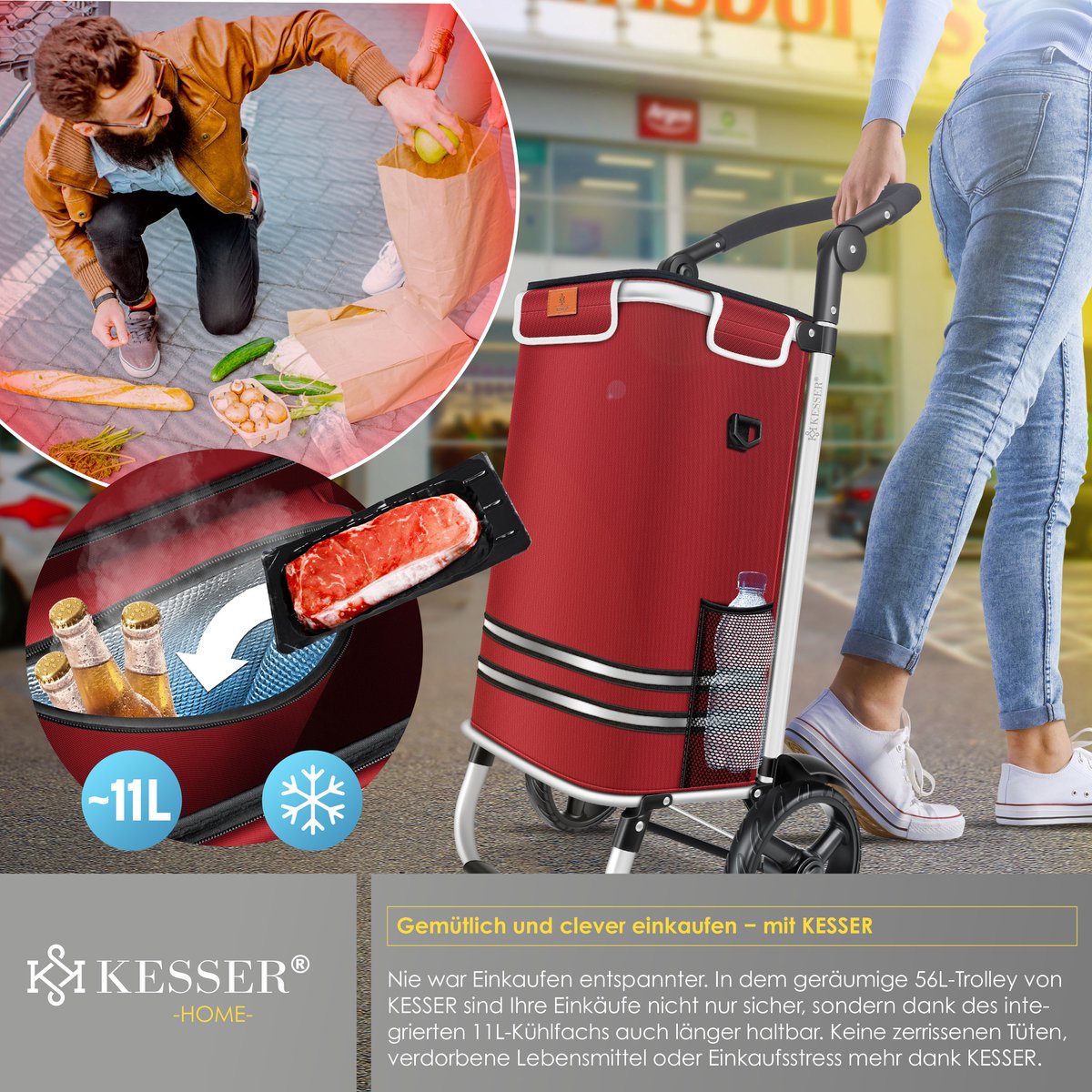 KESSER® Boodschappentrolley - Boodschappenwagen - 56L - tot 50kg  - Rood