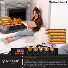 KESSER® Sfeerhaard Elektrisch Haard 1800W met LED Vlammen Dimbaar - Electrische Kachel met Timer & Afstandsbediening - Elektrische Verwarming met Thermostaat - Steenmotief / Grijs