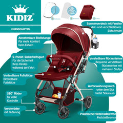 KIDIZ® Buggy 3 in 1 Kinderwagen Inklapbaar met voetenzak Baby Plooibuggy Wandelwagen inclusief Bekerhouder, regenhoes & klamboe Reisbuggy - Rood / Champagne
