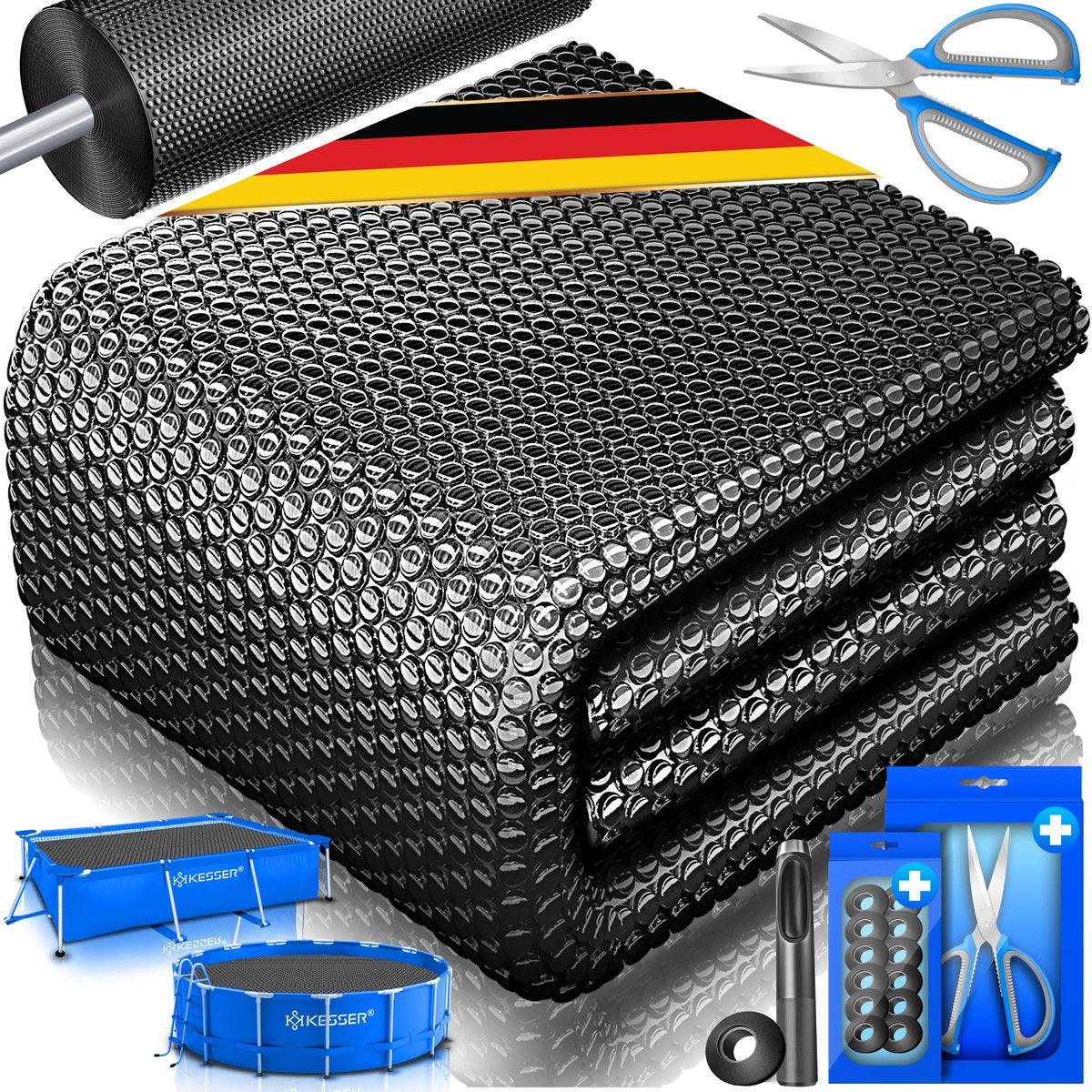 KESSER® Zwembad Afdekzeil Solar - verwarmend afdekzeil op maat te knippen geschikt voor Rechthoekige en ronde Zwembaden - Solarzeil inclusief met schaar, perforatietang & 12 oogjes voor bevestiging