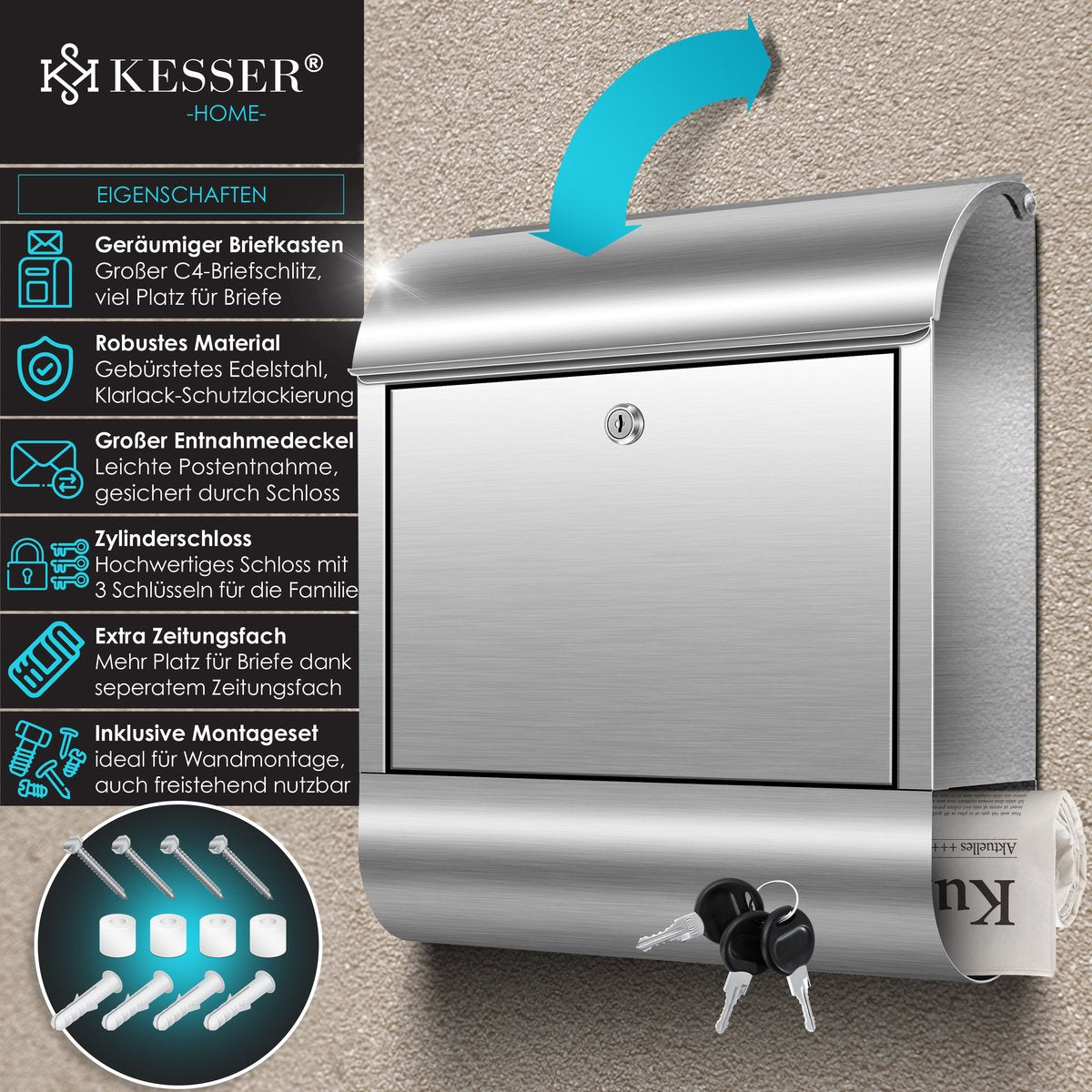 KESSER® RVS Brievenbus  - Wandbrievenbus - Krantenvak - Zilver