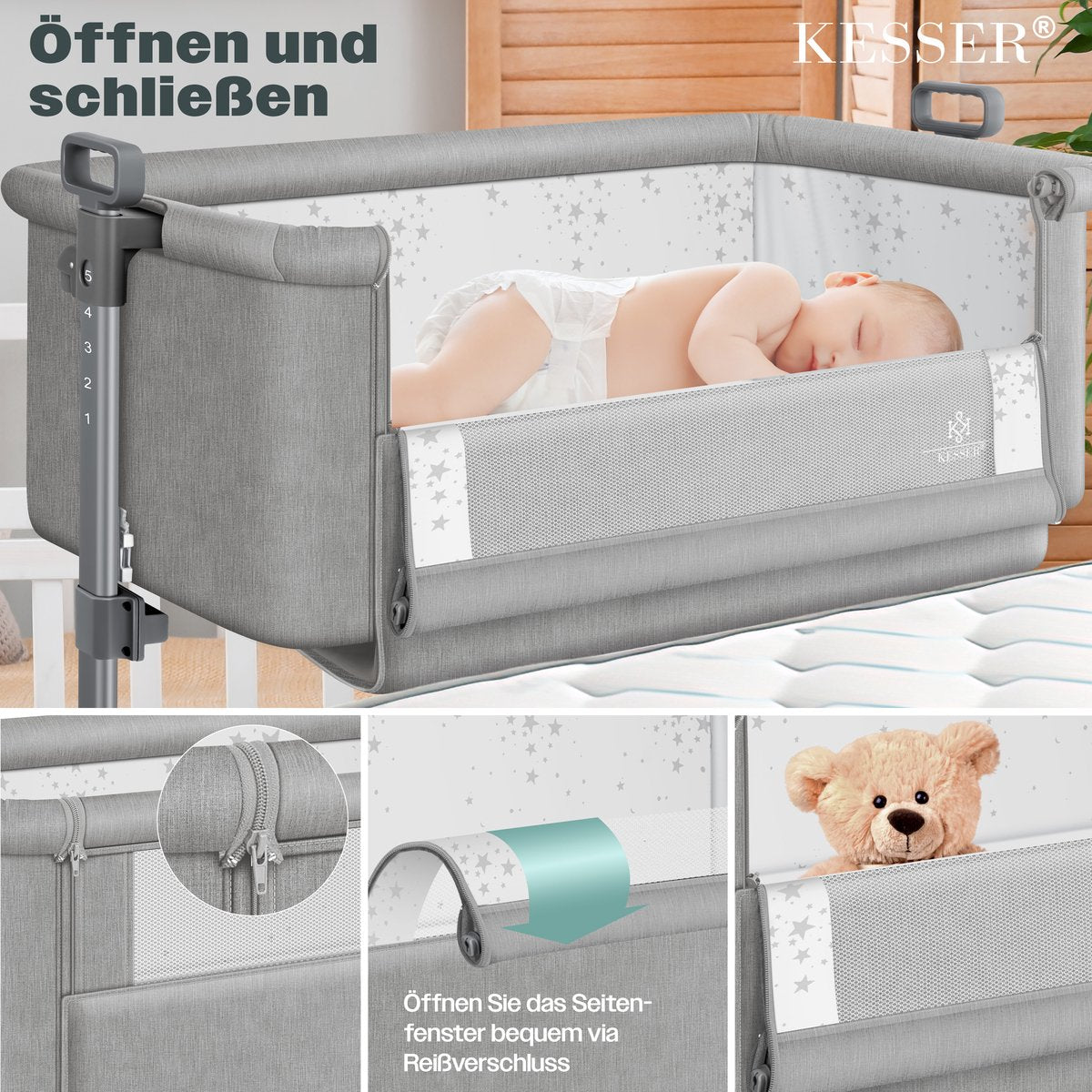 KESSER® 3in1 Ledikant - Babybed - Verstelbaar - Inklapbaar - Lichtgrijs