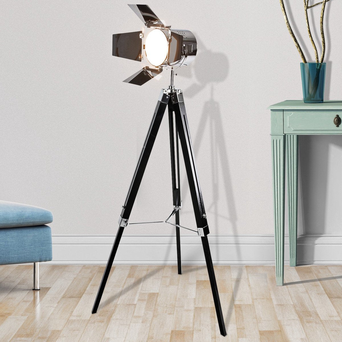 Jago - Staande Vloerlamp met Houten Statief - Chromen Lampenkap - Hoogte Verstelbaar tot max. 148 cm - Vintage/Industriële Lamp - Studiolamp met Statief - Zwart