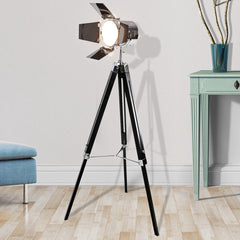 Jago - Staande Vloerlamp met Houten Statief - Chromen Lampenkap - Hoogte Verstelbaar tot max. 148 cm - Vintage/Industriële Lamp - Studiolamp met Statief - Zwart