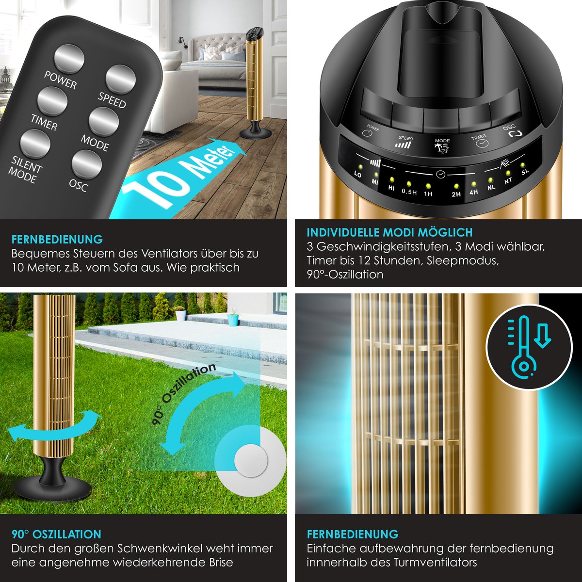 KESSER® Torenventilator - Fluisterstil - Oscillatie - Goud •