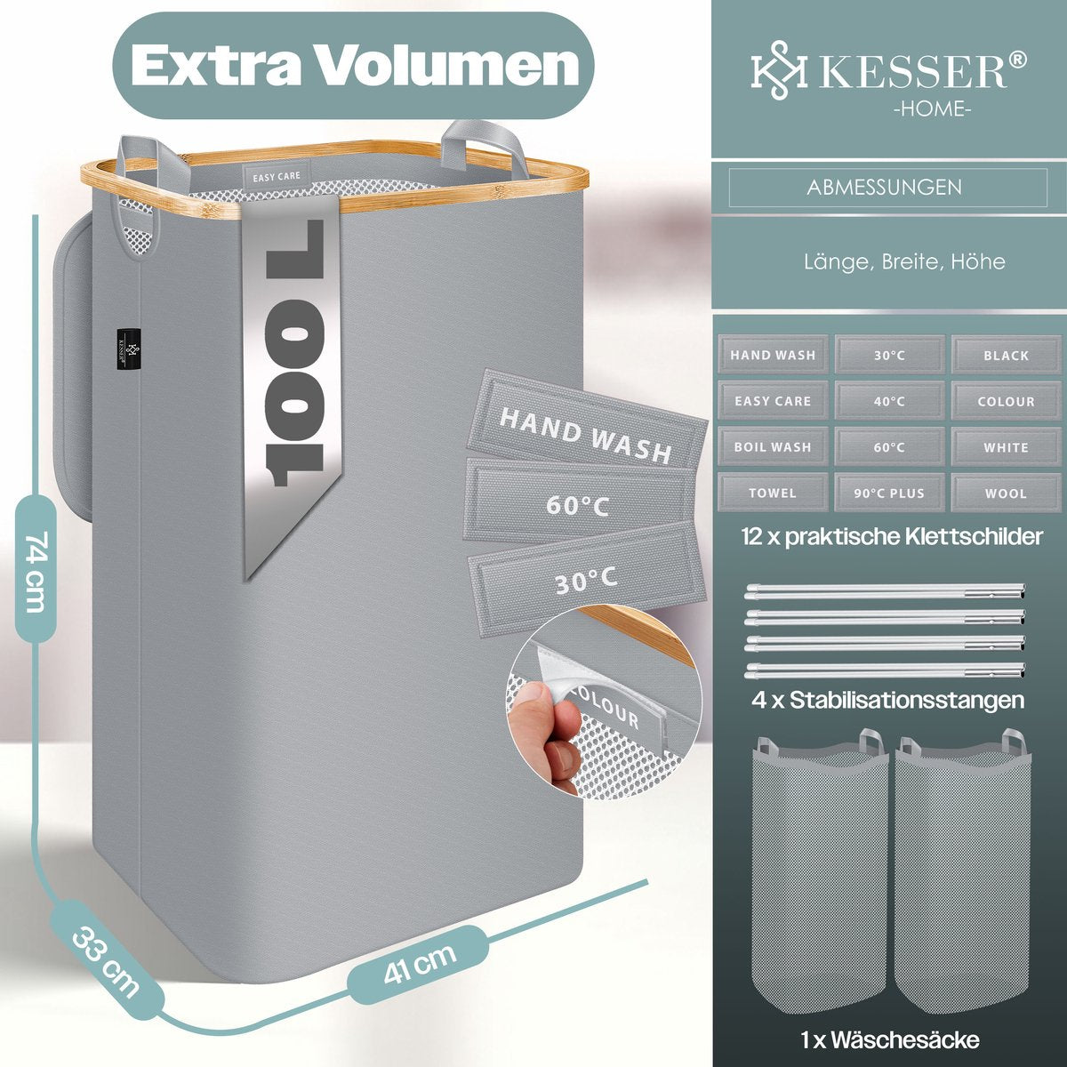 KESSER® Wasmand met Deksel - 100 Liter - Grijs