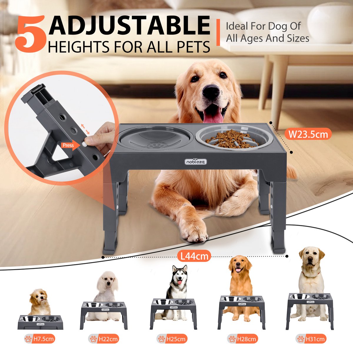 Nobleza Voerbak Hond - Drinkbak Hond - 7,5-31 cm Hoog - Grijs
