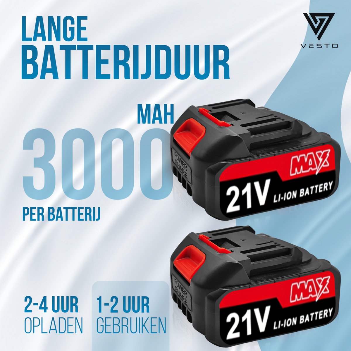 Vesto® Accu Reciprozaag – 21V Li-Ion – Incl. 2 Accu’s, Zaagbladen & Koffer – 25mm Slag – Voor Hout, Metaal & Kunststof – Snelwisselsysteem – Draadloos