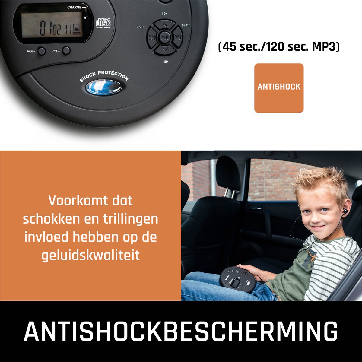 Lenco CD-300BK Discman - Draagbare Bluetooth CD en MP3 Speler - Anti-Shock Bescherming en oplaadbare Batterij - Zwart