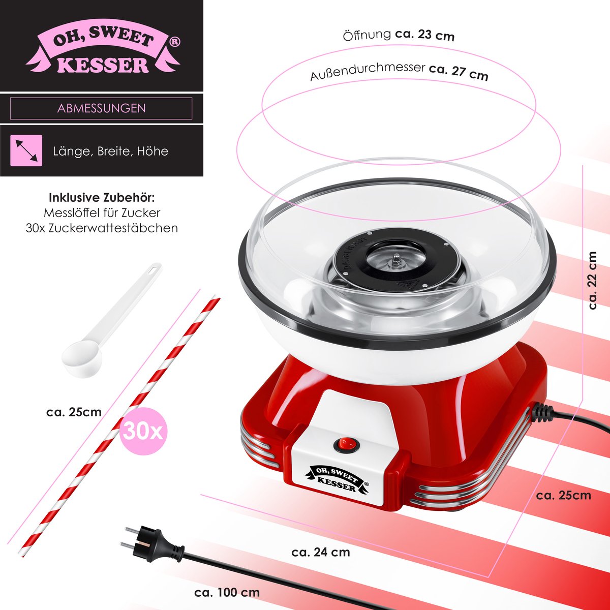 KESSER® Suikerspinmachine - Retro - 500W - Rood/Wit •