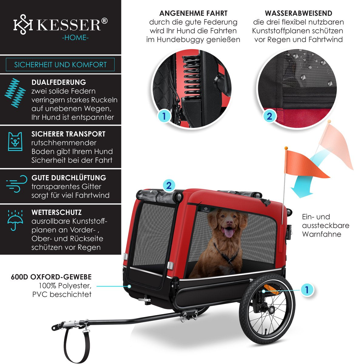 KESSER® Hondenfietskar tot 40 kg 3in1 Hondenbuggy - Fietskar Hond Jogger - Rood