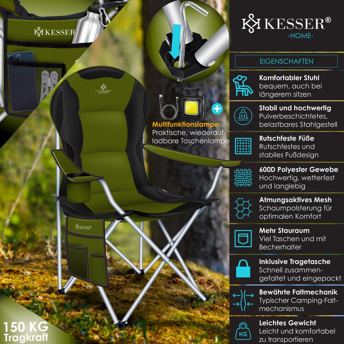 KESSER® Campingstoel - Visstoel - Vouwstoel - Khaki