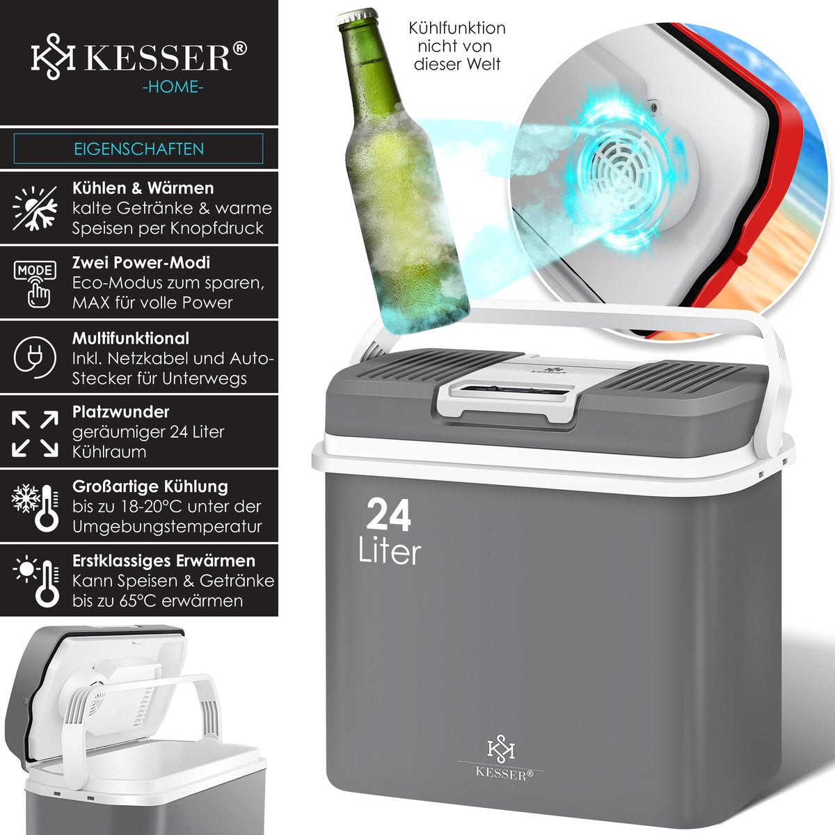 Koelbox Elektrisch – 12V en 230 volt - Coolbox - Frigobox - 24L – Grijs •