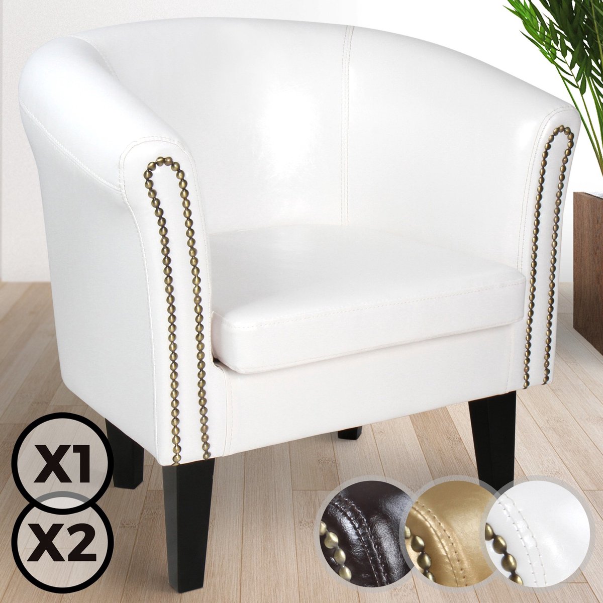 Chesterfield fauteuil met spijkerkoppen, zetel, Wit