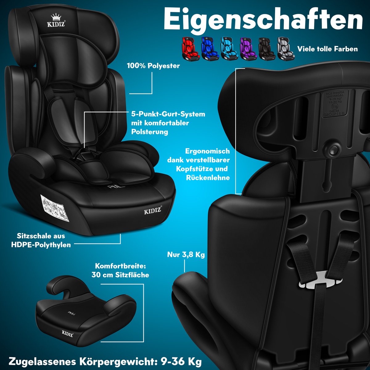 KIDIZ® Autostoeltje - 5-punts veiligheidsgordel - Zwart