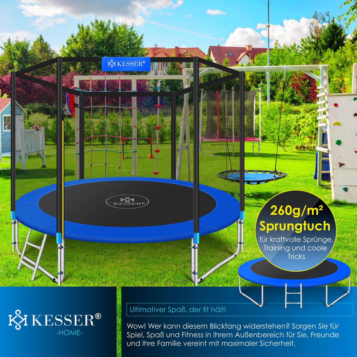 KESSER® Trampoline 366 cm - Veiligheidsnet en Ladder - tot 150 kg belasting - Blauw