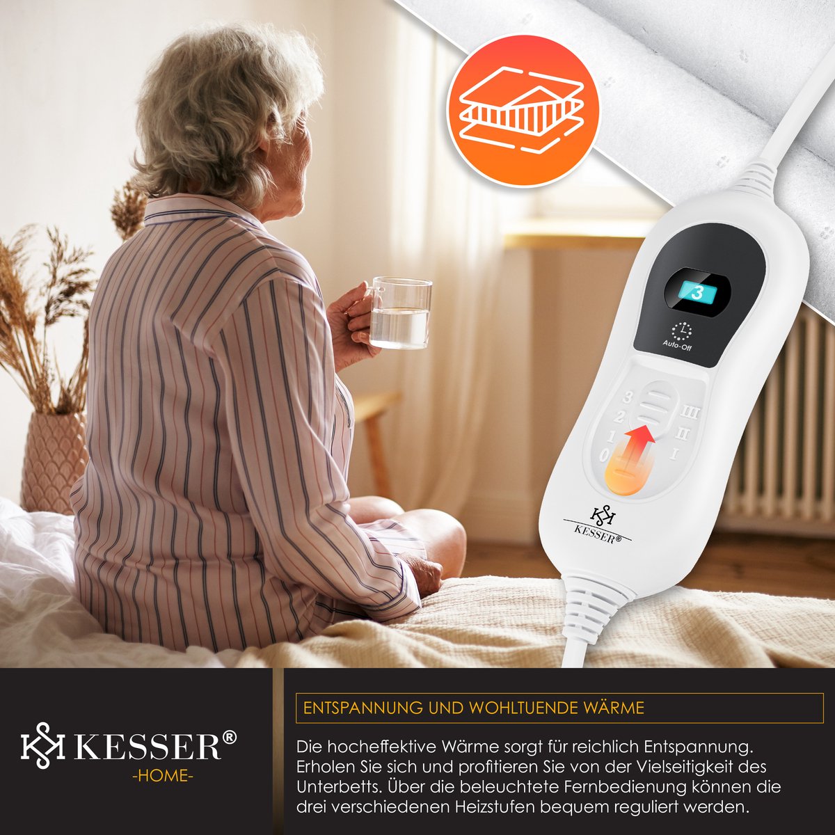KESSER® Elektrische Onderdeken Warmtedeken met automatisch uitschakelende afstandsbediening | warmte deken met 3 temperatuurstanden | voor matrasverwarming | van zacht fleece - Wit met motief (160 cm x 140 cm)