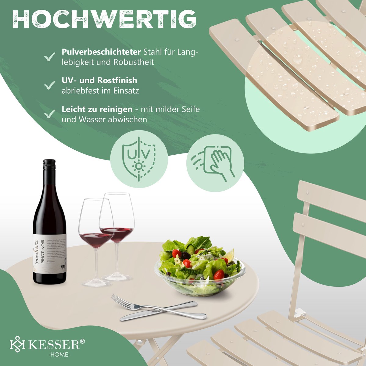 KESSER® Bistroset 3-delige Tafel met 2 inklapbaar stoelen - Balkonset Bistrotafel Bistrostoel Vouwmeubels Tuinset Zitgroep Metalen Tuintafel - Cappuccino