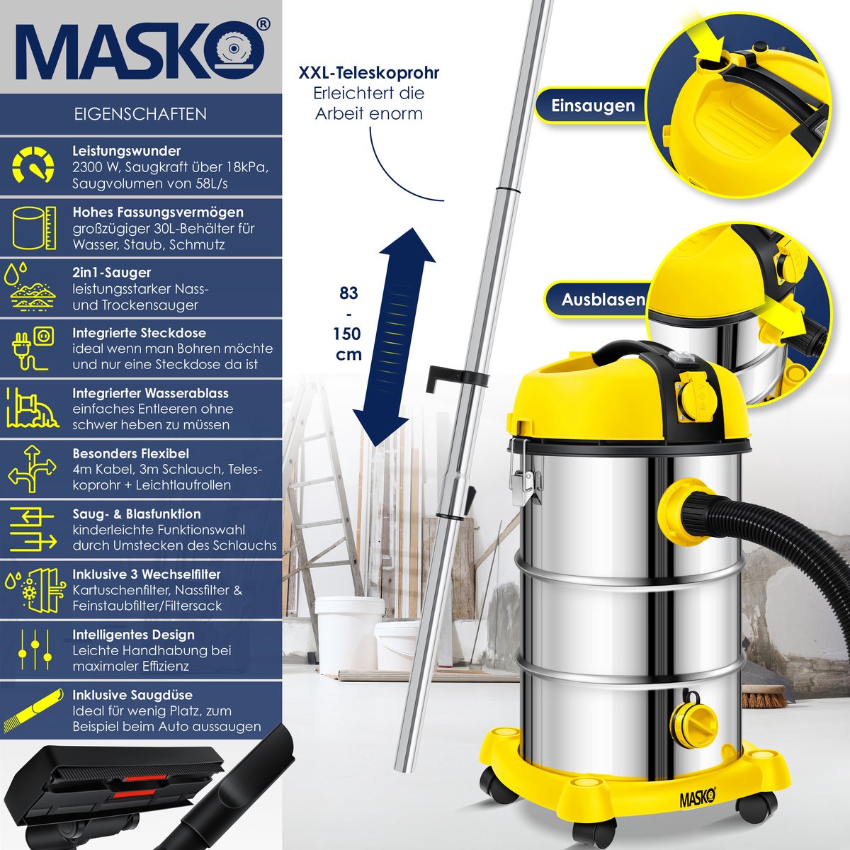 MASKO® Industriële stofzuiger 2300W - Droog- & Natzuigen - Geel