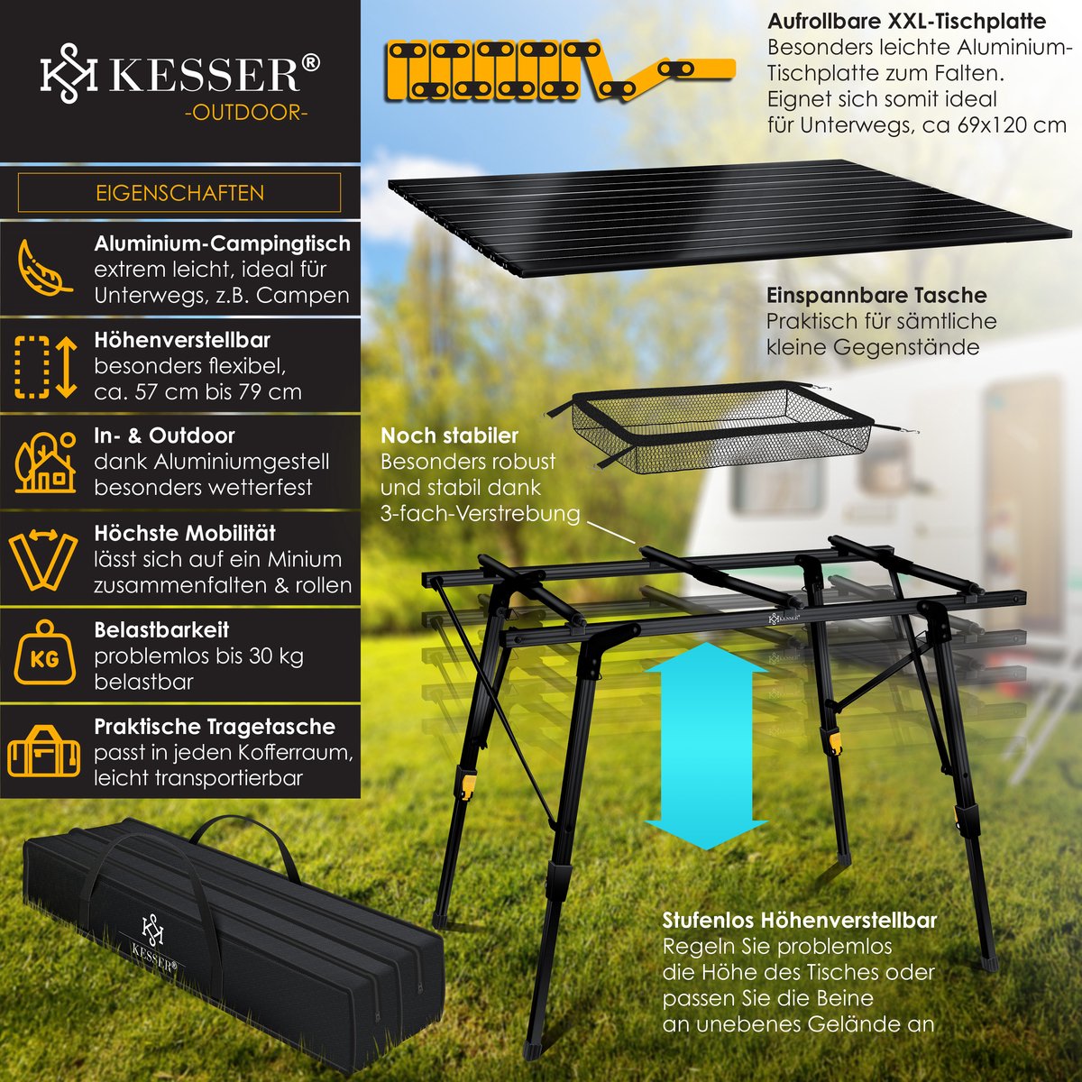 KESSER® Campingtafel Opvouwbaar - Verstelbaar - 120x70 cm - Zwart