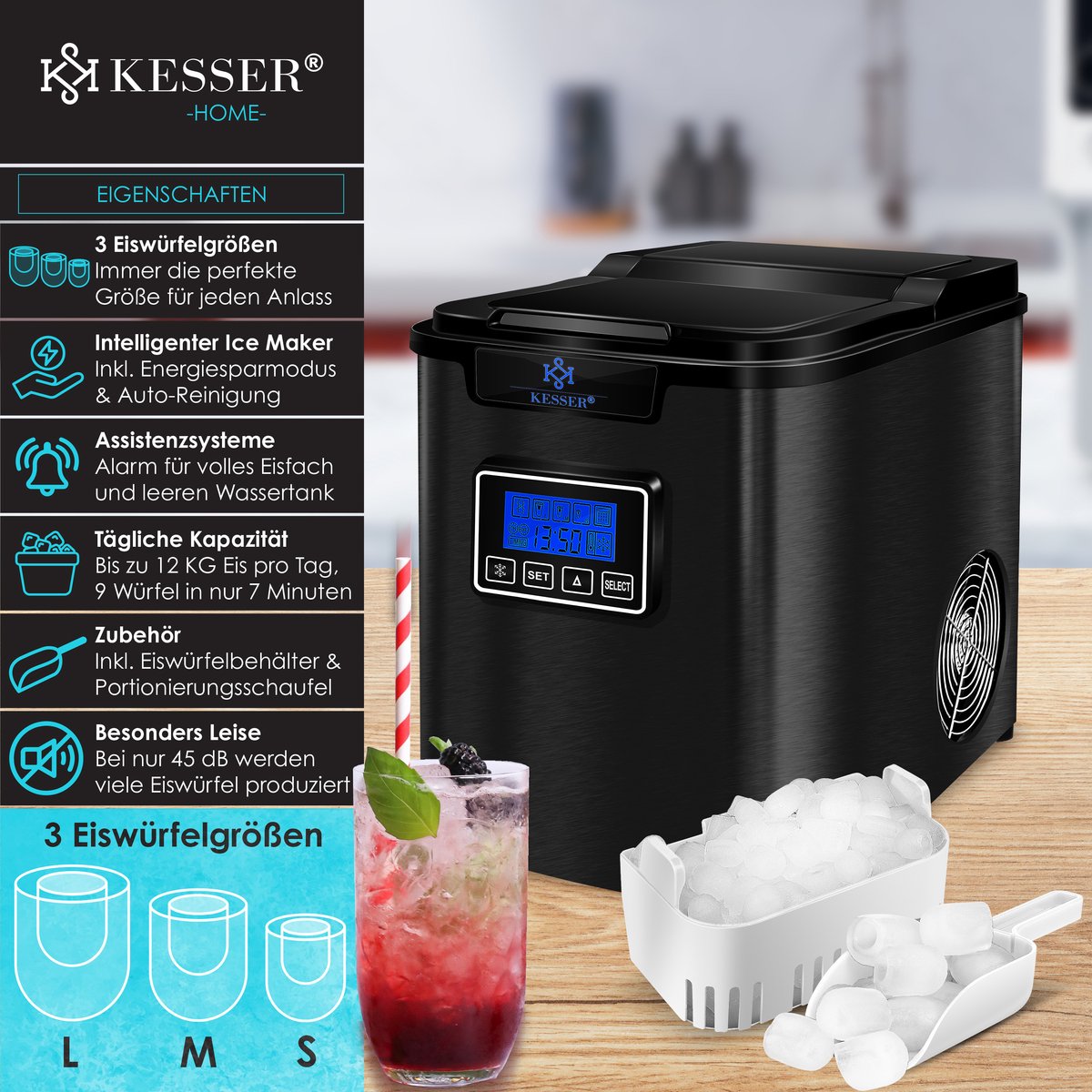 KESSER® Ijsblokjesmaker - Ijsblokjesmachine -12kg/24 uur - RVS - Zwart •