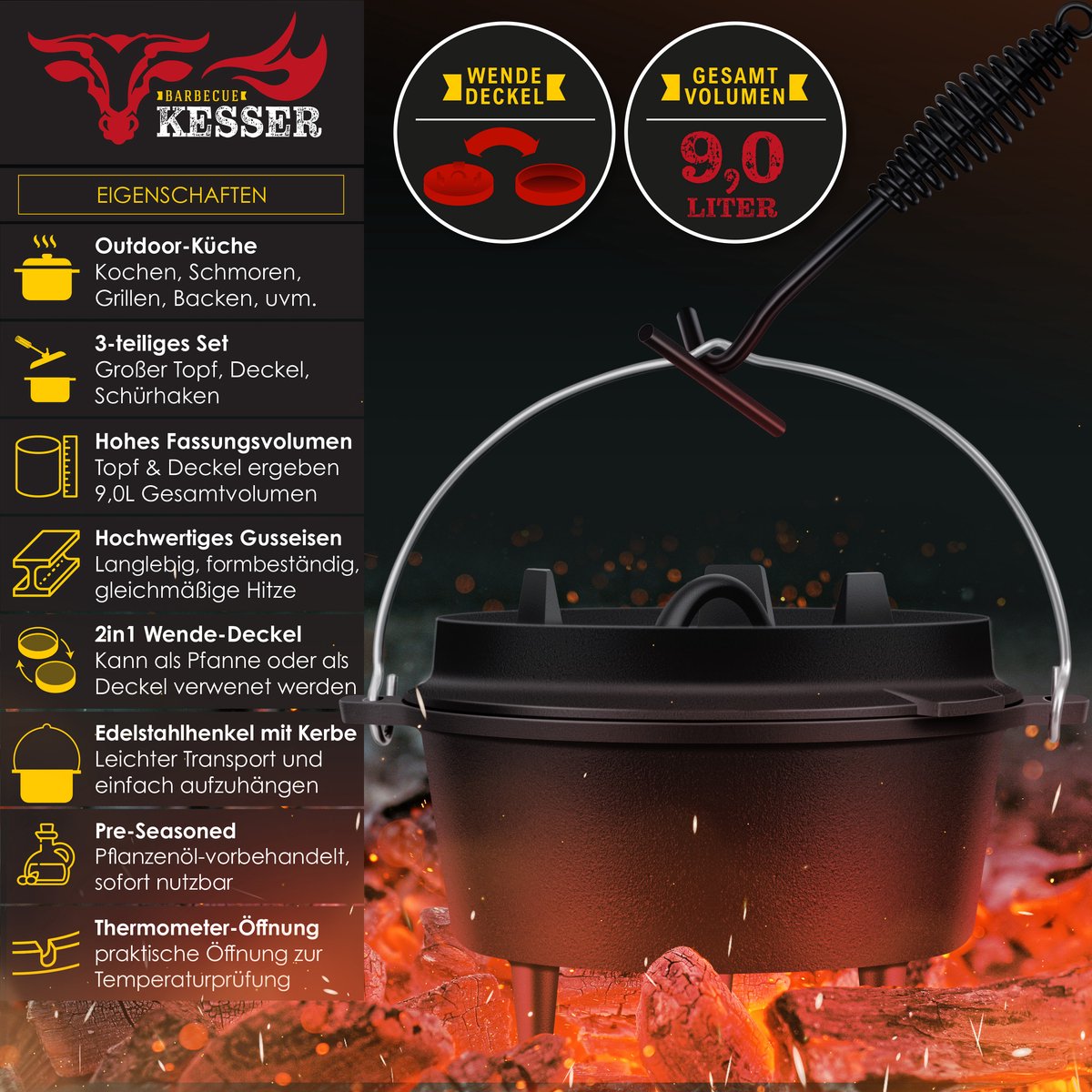 KESSER® Dutch Oven Set - 9L - Vuurpan - Stoofpan - Gietijzeren pan