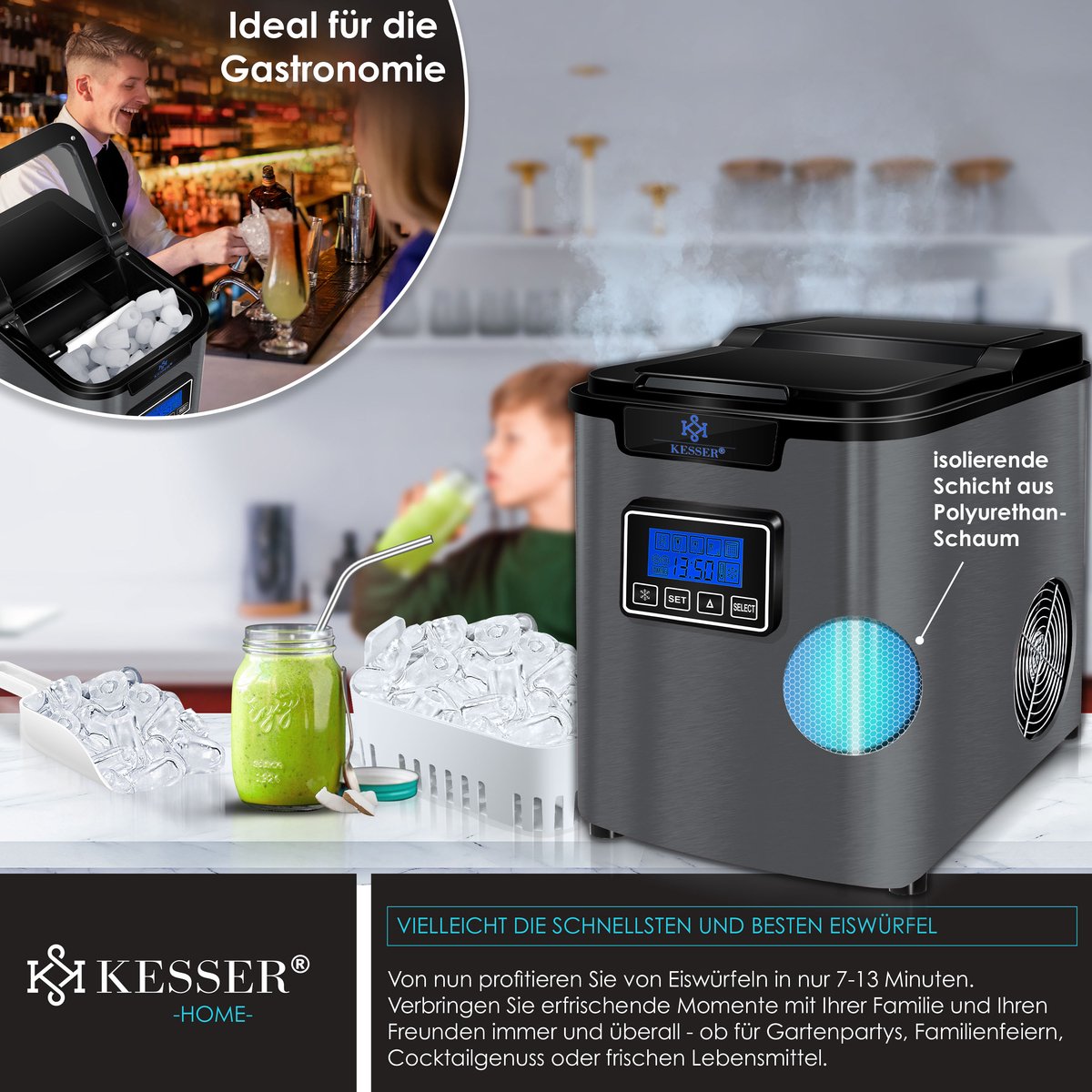 IJsblokjesmachine – 12kg/24 uur – IJsmachine - IJsblokjesmaker - Antraciet - KESSER®