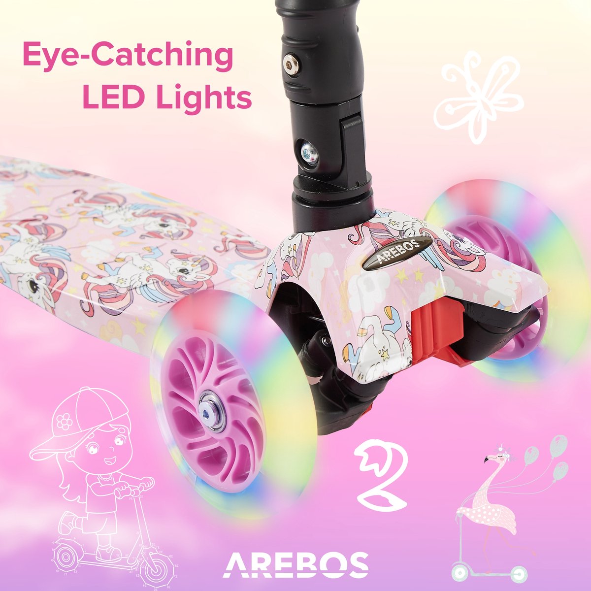 AREBOS - Kinderstep - Kinderstep 3 Wielen - 3-6 Jaar - 3 Lichtgevende Wielen - Jongens/Meisjes - Roze