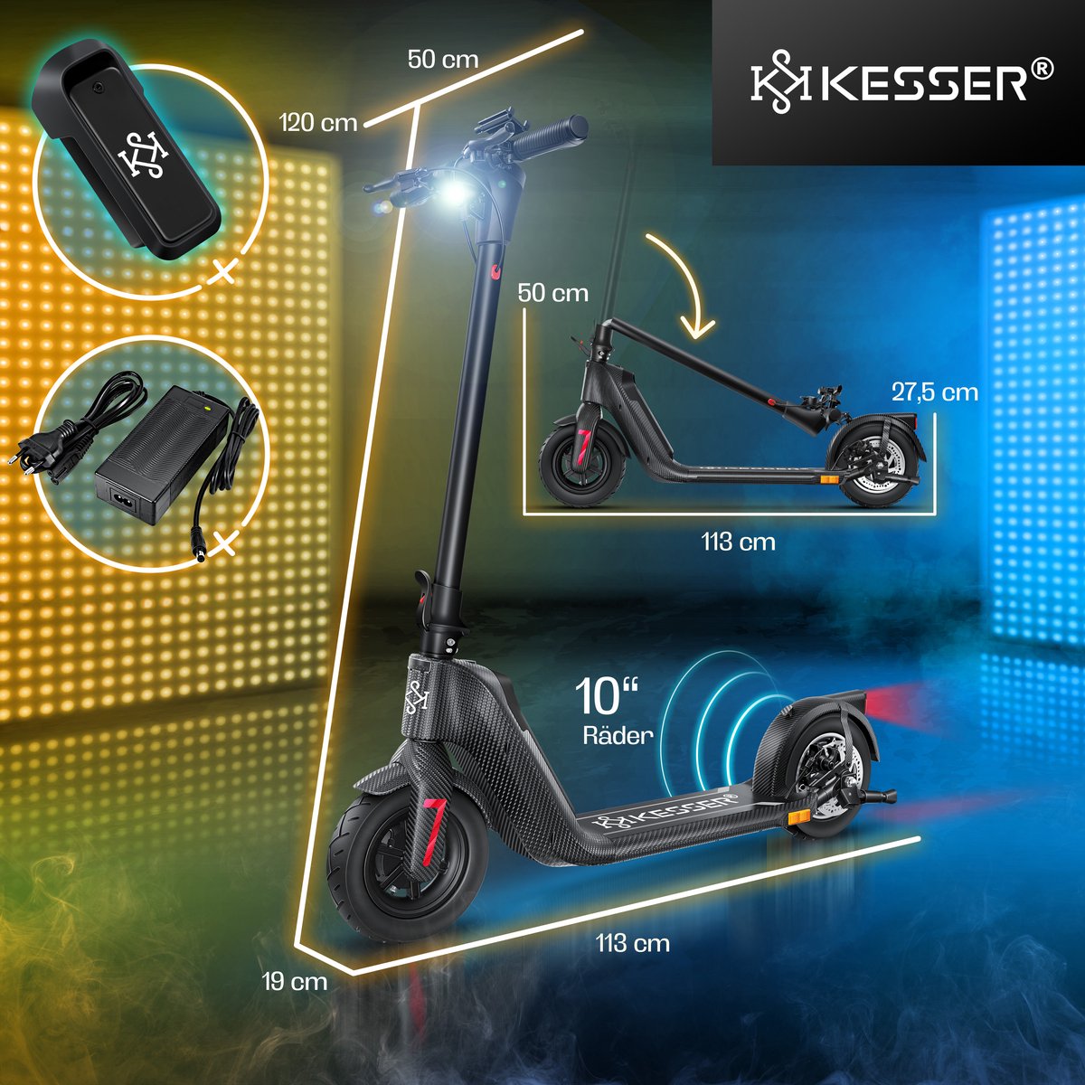 KESSER® Elektrische Step 10" E-Scooter Max. 25km/h - Electrische Scooter Bereik ±40km Opvouwbare 450W E-Step 10ah max. belasting tot 120 kg - Carboon