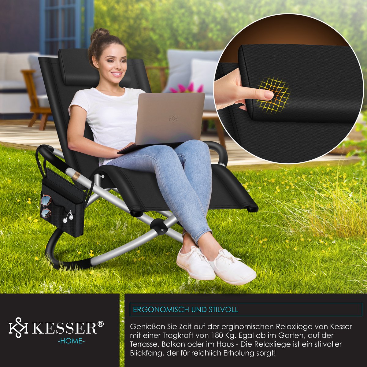 Ligbed - Ligstoel - Zonnebed - Relaxstoel - Zwart - KESSER®