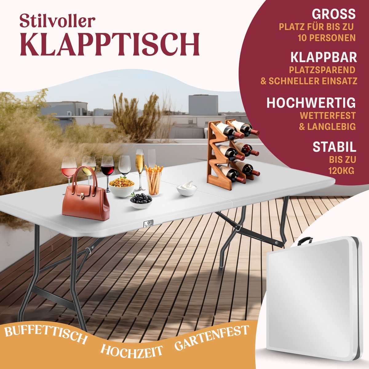 KESSER® Inklapbare Tafel - Campingtafel - Klaptafel - 183x76cm - Wit