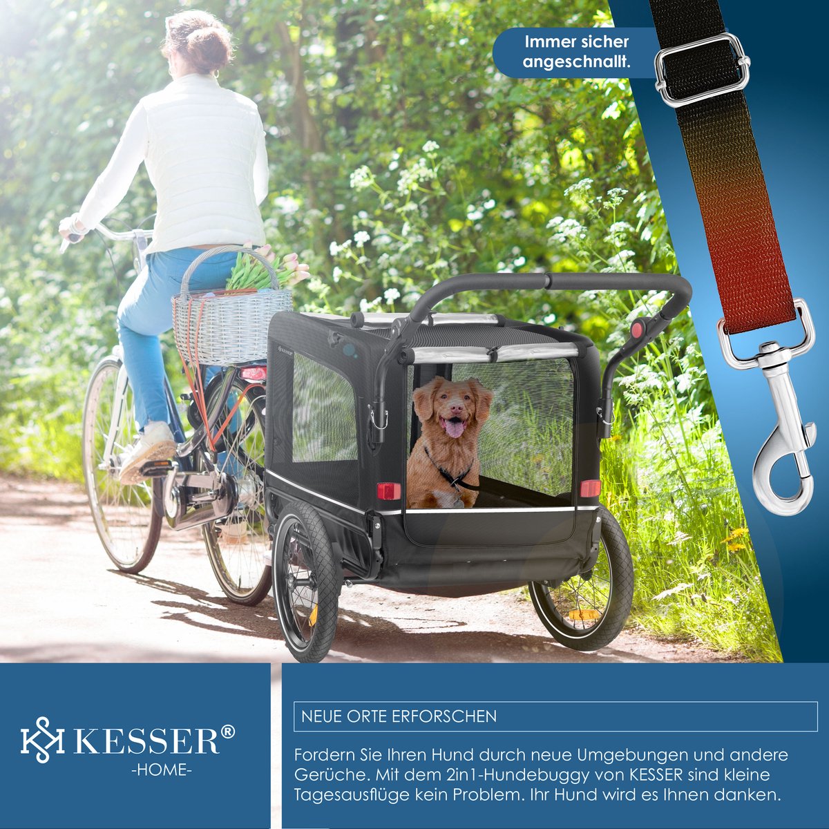 KESSER® Hondenfietskar tot 40 kg 3in1 Hondenbuggy - Fietskar Hond Jogger - Zwart