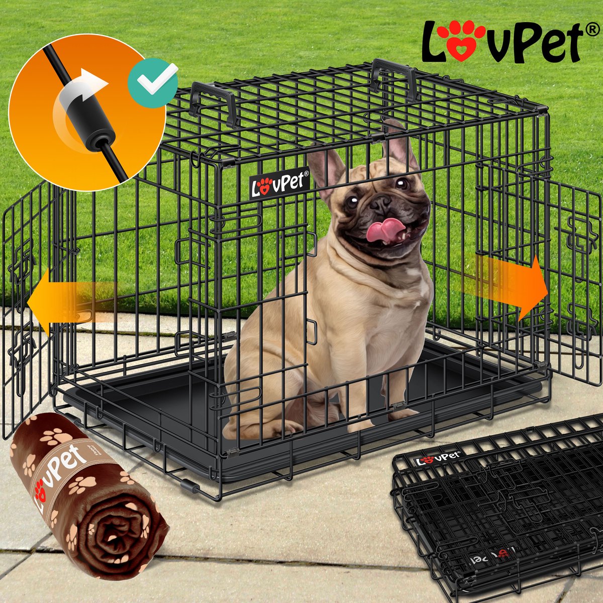LOVPET® Hondenkooi Opvouwbaar Hondentransportkooi Incl. Fleecedeken + Kom Hondenbox met 2 Deuren Transportkooi Auto, Huisdier Transportbox Hondentransportbox met Vloertray - M, Zwart