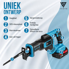 Vesto® Accu Reciprozaag – 21V Li-Ion – Incl. 2 Accu’s, Zaagbladen & Koffer – 25mm Slag – Voor Hout, Metaal & Kunststof – Snelwisselsysteem – Draadloos