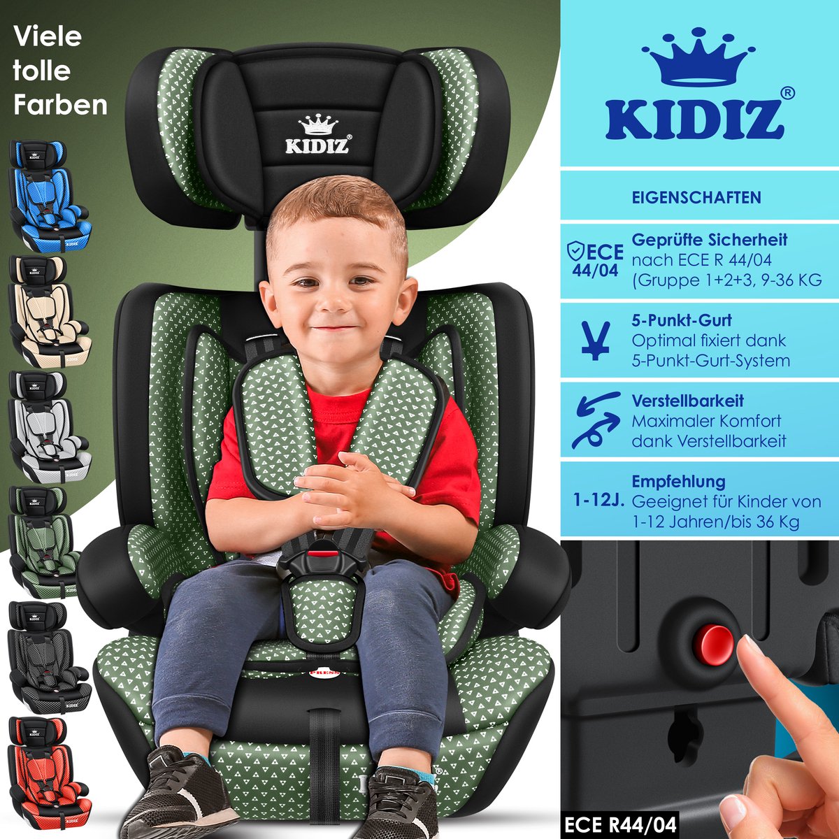 KIDIZ® Autostoeltje - 5-punts veiligheidsgordel - Groen